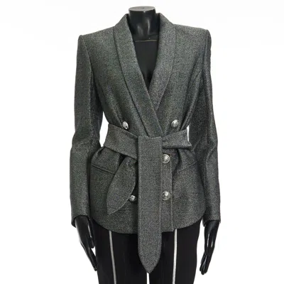 Pre-owned Balmain 3190$ Silver Wool Blend Double Breasted Blazer - Button, Belt