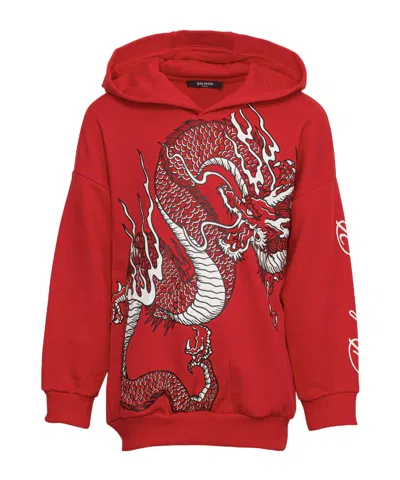 Balmain 3d Dragon-print Hoodie In Red