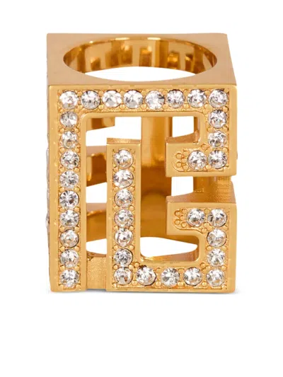 Balmain 3d Rhinestone Cube Ring In Gold