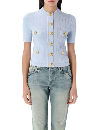Balmain 4-pocket Knitted Cardigan In Pale Blue