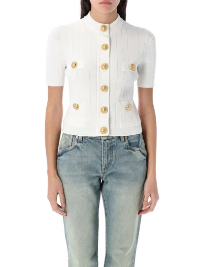 Balmain 4-pocket Knitted Cardigan In White