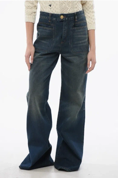 Balmain 4-pocketed Flared Fit Denims With Jewel Button In Blue