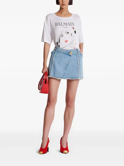Balmain 4 Pockets Asymmetric Raw Edge Denim Skirt In Blue