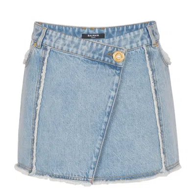Balmain 4 Pockets Asymmetric Raw Edge Denim Skirt In Blue