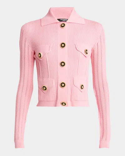 Balmain 4-pockets Buttoned Rib Knit Cardigan In Pink