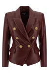 Balmain Double-breasted Lambskin Leather Blazer In Brown