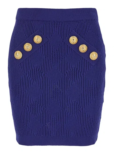Balmain Blue Mini Skirt With Jewel Buttons In Viscose Blend Woman