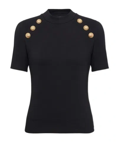 Balmain Sleeveless Black Crop Knit Top With Gold Buttons