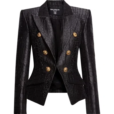 Balmain 6-button Croco Jacquard Satin Jacket In Black