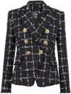 Balmain Grid Tweed Double-breasted Blazer In Black
