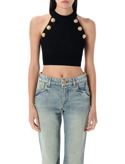 Balmain 6-button Knit Halterneck Top In Black