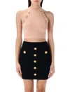 Balmain Ribbed Halter Neck Top With Gold Buttons In Black