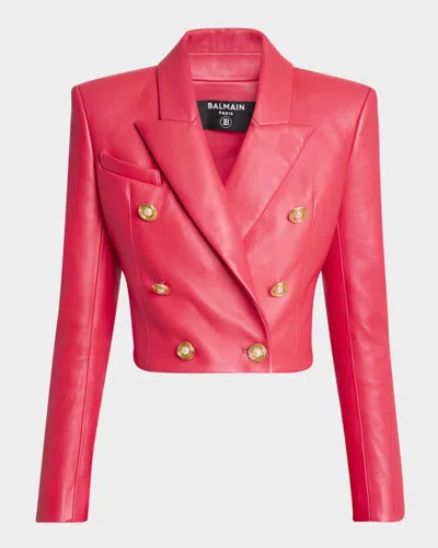 Balmain 6-button Leather Cropped Jacket In Live Fuchsia