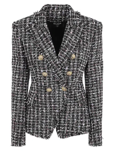 Balmain Double-breasted Tweed Slim Jacket In Black/multicolor