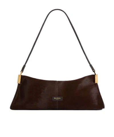 Balmain 64-83 Small Bag In Pony-effect Leather In Brown