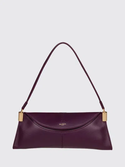 Balmain 64-83 Smooth Calfskin Leather Shoulder Bag With Flap Closure In Purple
