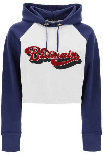 Balmain 70s Chenille Logo Raglan Crop Hoodie In Multi-colored