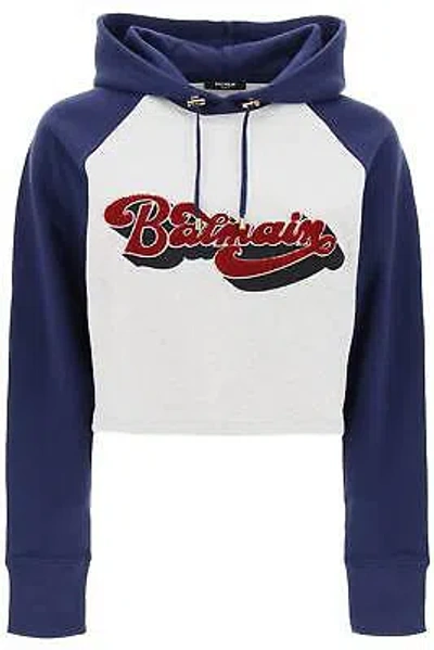 Pre-owned Balmain 70's Cropped Hoodie In Gris Chine Marine Rouge Fonce (blue)