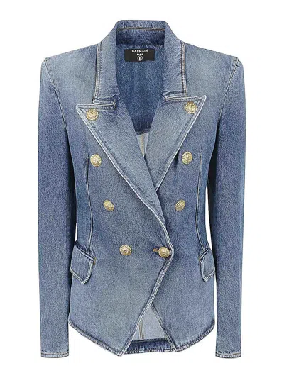 Balmain Long-sleeved Denim Coat In Blue