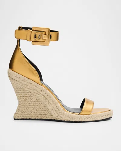 Balmain 85mm Metallic Leather Espadrille Wedge Sandals In Gold