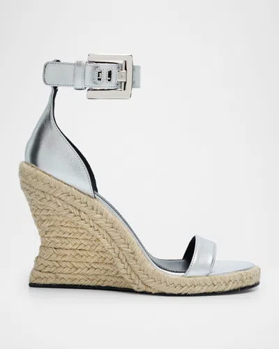 Balmain 85mm Metallic Leather Espadrille Wedge Sandals In Silver