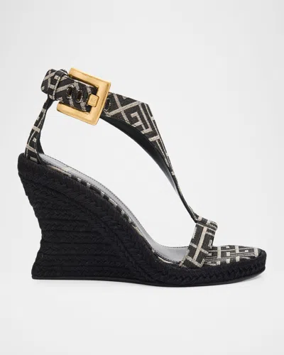 Balmain 85mm Monogram Canvas Espadrille Wedge Sandals In Black
