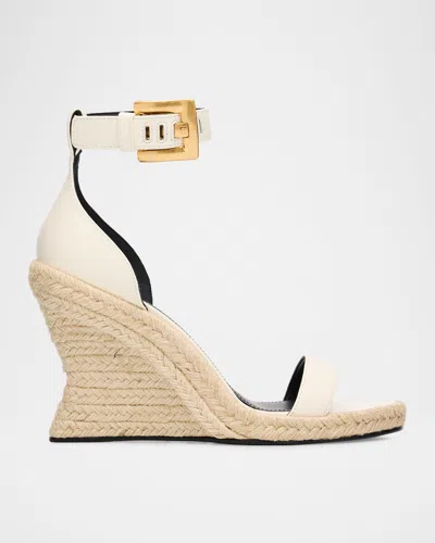 Balmain 95mm Anthem Leather Espadrille Wedge Sandals In White