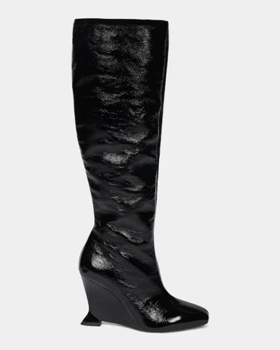 Balmain 95mm Crinkled Patent Leather Wedge Boots In Black