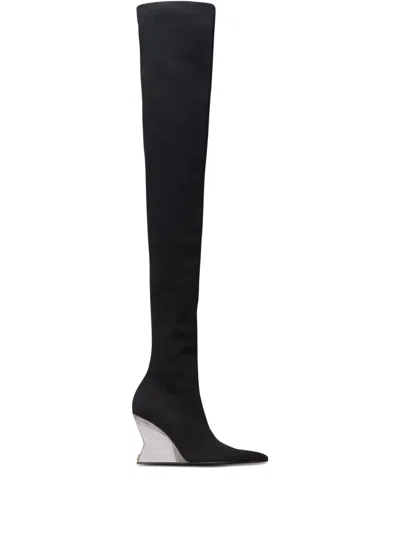 Balmain Knitted Wedge Over-the-knee Boots In Black