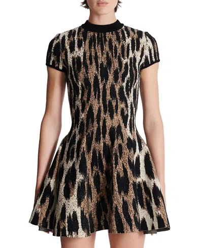 Balmain Flared Dress In Jacquard Knit With Leopard Print In Brown