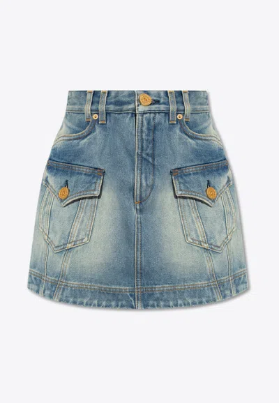 Balmain Denim Cargo Miniskirt In Blue