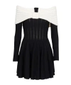 Balmain Off-the-shoulder Two-tone Ribbed-knit Mini Dress In Black