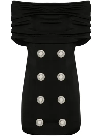 Balmain Off-the-shoulder Embellished Ruched Jersey And Cady Mini Dress In Black