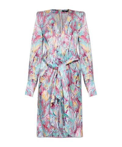 Balmain Embellished Draped Printed Silk-satin Mini Dress In Blue