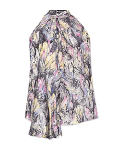 Balmain Pussy-bow Top With Feather Print In Multi