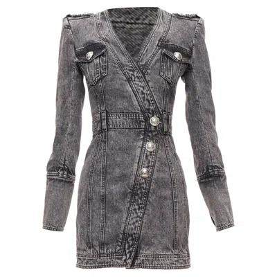 Balmain Acid Washed Denim Button Embellished Wrapped Mini Dress In Grey