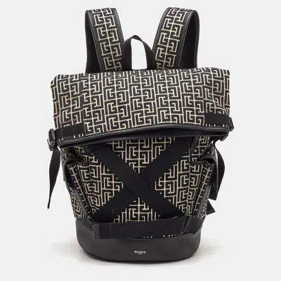 Pre-owned Balmain All Over Logo Black/white Monogram Jacquard And Leather Backpack