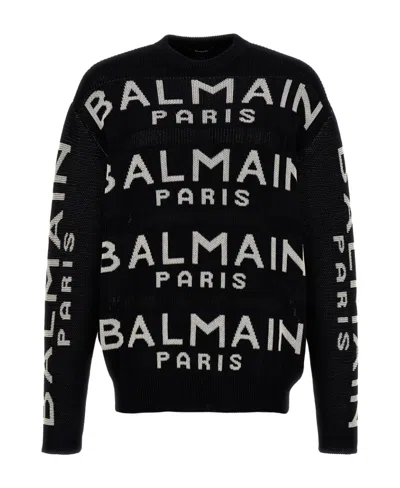 Balmain Black Long Sleeve Sweater With Intarsia Logo In Cotton Blend