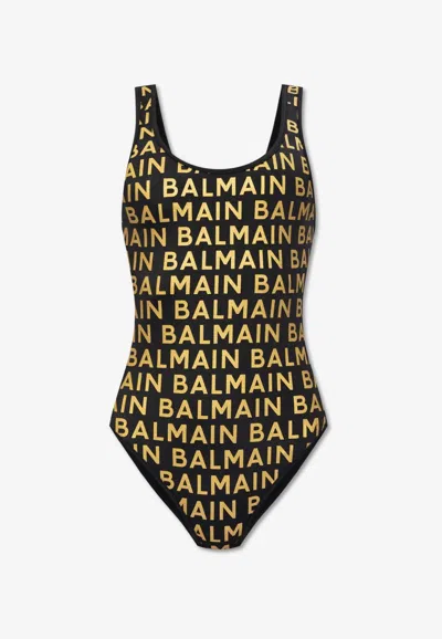 Balmain All-over Logo Print One-piece Swimsuit In Burgundy