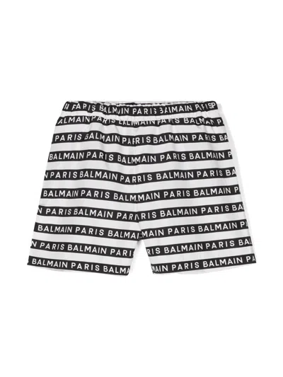 Balmain Kids' Striped Logo-print Swim Shorts In Black