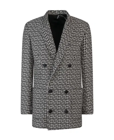 Balmain All-over Monogram-print Blazer In Black