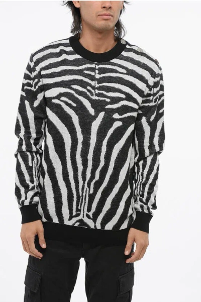 Balmain Animal Patterned Crew-neck Sweater With Silver-tone Buttons