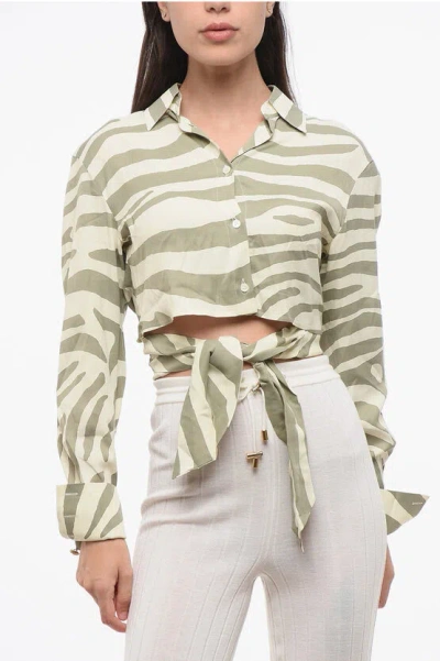 Balmain Animal Patterned Cropped Shirt With Knotting Detail In Gray