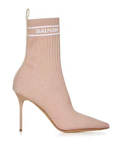 Balmain Beige Stretch Knit Sock Ankle Boots In Nude & Neutrals