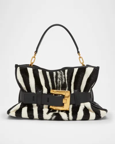 Balmain Anthem Belted Shoulder Bag In Zebra-print Calf Hair In Black