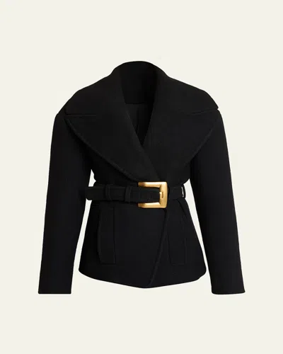 Balmain Anthem Buckle Belt Coat In Black