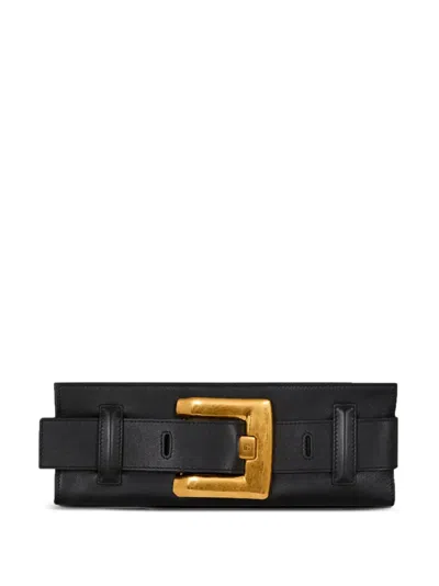 Balmain Anthem Buckle-detail Calfskin-leather Clutch In Black