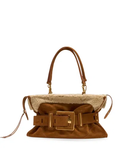 Balmain Anthem Buckled Shearling Shoulder Bag In Brown