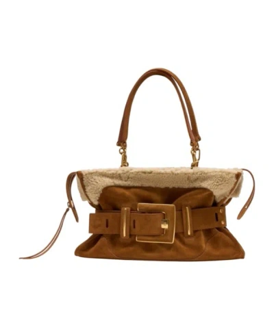 Balmain Anthem Buckled Shearling Shoulder Bag In Brown