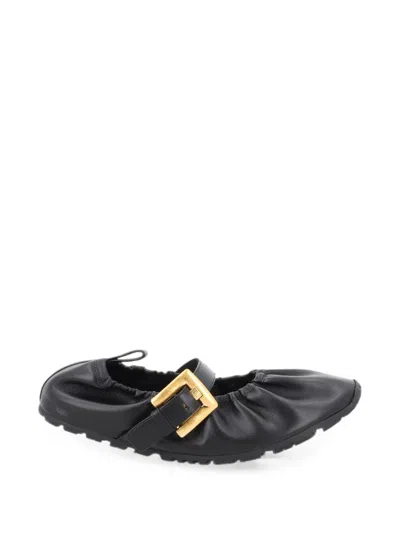 Balmain Anthem Buckle-fastening Ruched Ballet Flats In Black
